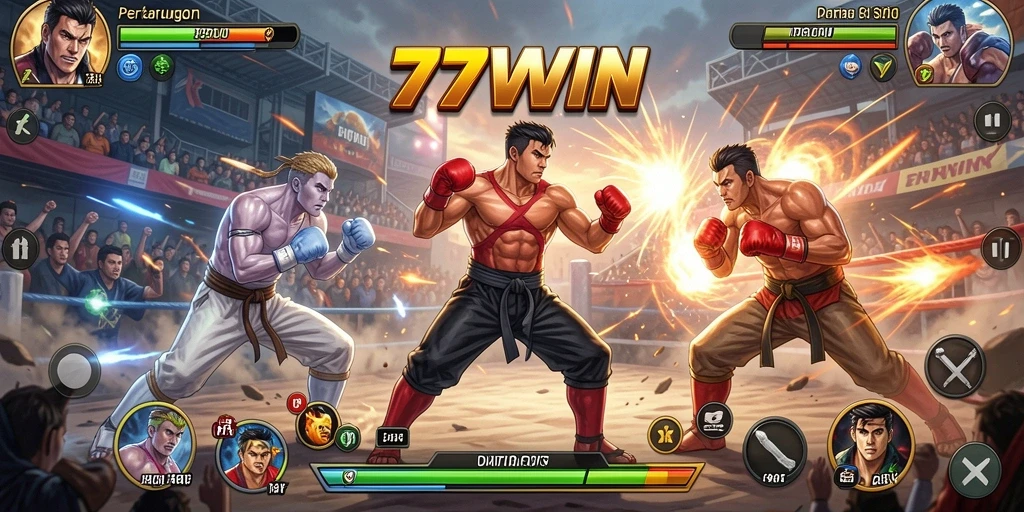 Screenshot utama 77WIN menampilkan aksi pertarungan yang mendebarkan.