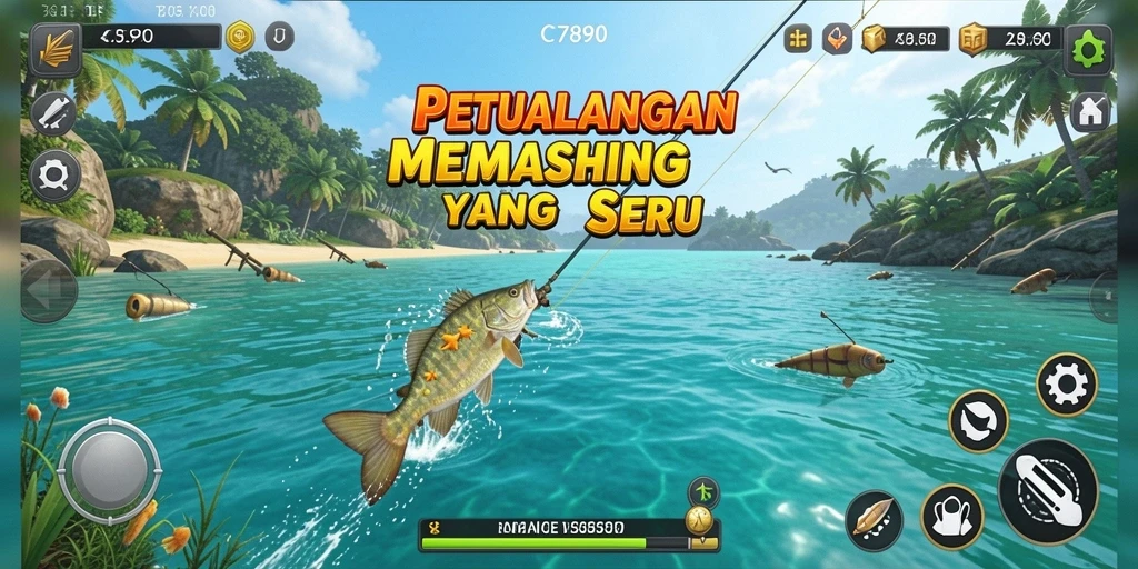Gameplay C7890 menampilkan momen seru saat memancing ikan besar.