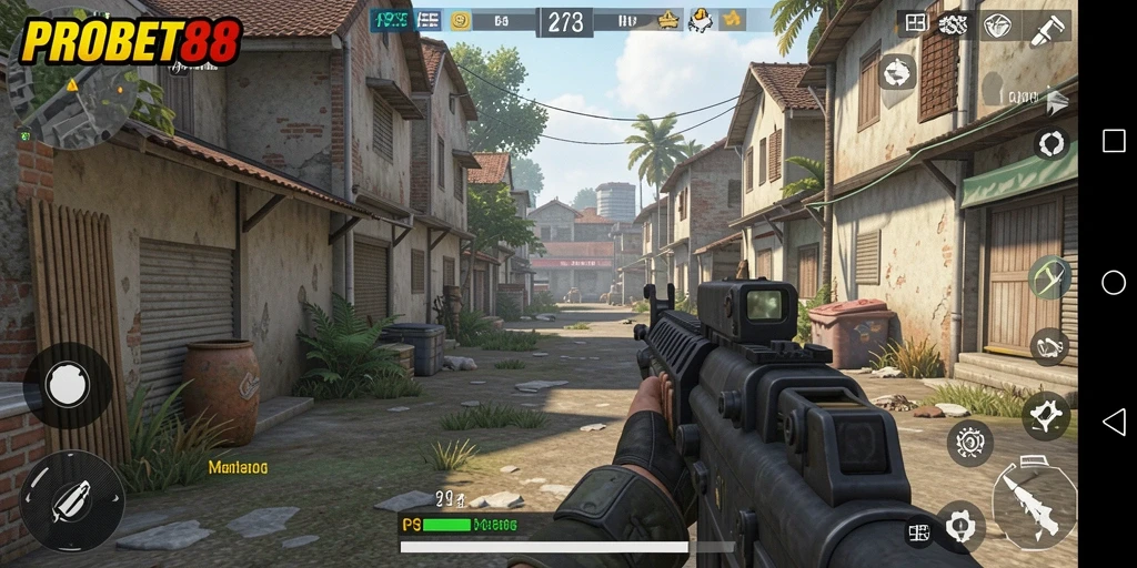 Tampilan gameplay menegangkan dalam PROBET88 dengan aksi tembak-menembak.