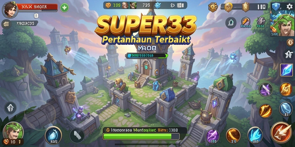 Tampilan gameplay SUPER33 dengan menara dan musuh yang beragam.